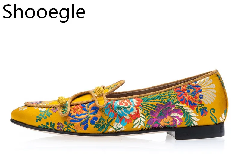 

Men Yellow-toned Multicolor Jacquard Canvas Matching buttons Dress Shoes Double-monk Loafers Floral Embroidery Casual Shoes