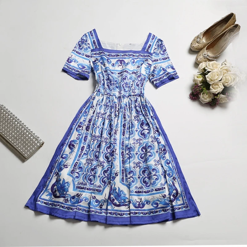 Новинка, женское Брендовое летнее платье с сине-белым фарфоровым принтом, квадратный воротник, короткий рукав, тонкие высокие уличные платья