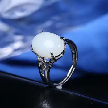 

Hetian jade white silver inlay latest white jade female ring fresh show elegant series h17#