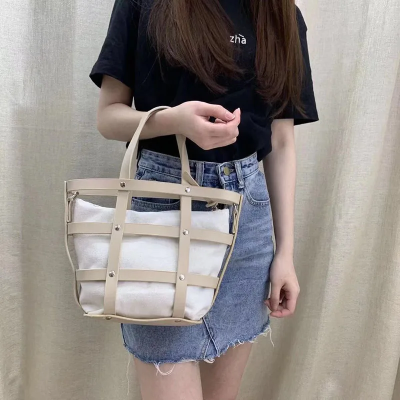 

Korean Style Hollow Out Crossbody Bag Patchwork Composite Bags Women Handbag With Small Canvas Bag 2019 Summer Beach Handbags