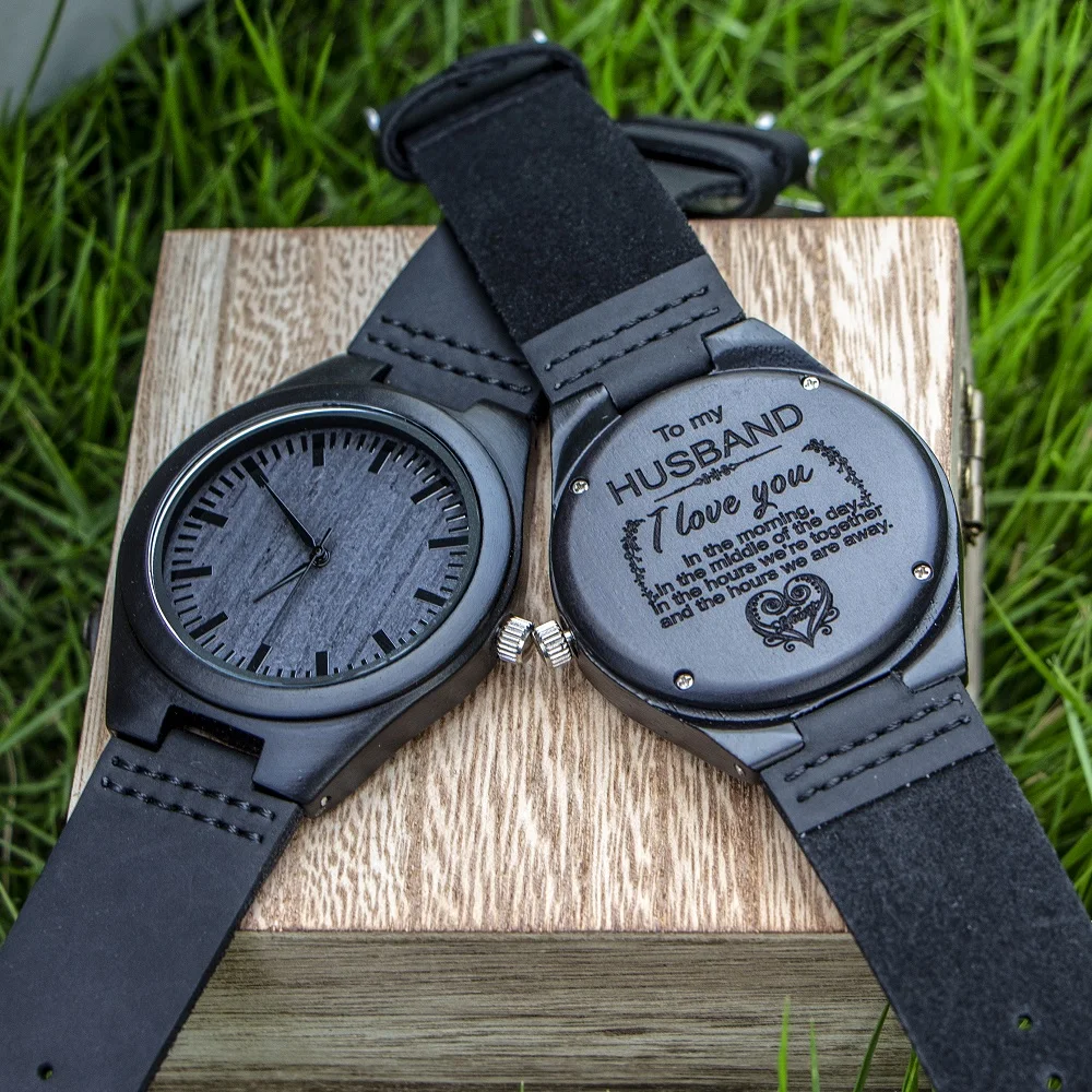 Engraved Wooden Men Groomsmen Watch for Husband Son Natural Ebony