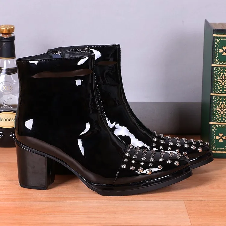 

BZBFSKY Mens Winter Fall Boots Rivets Stud Ankle High heels Patent leather Men's Boots Black Stage Party Boots Plus Size 38-46