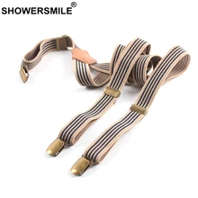 SHOWERSMILE Vintage Suspenders Stripe Women Men Braces Pants Khaki Retro Leather 3 Clips Y Back Casual Braces Mens Trousers