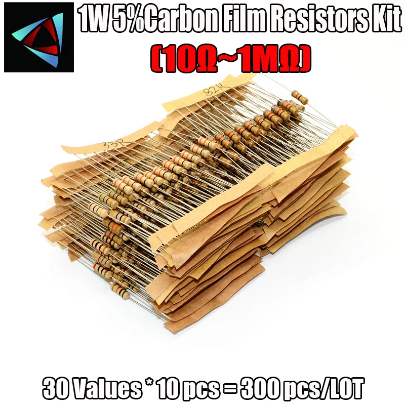 300PCS 1W 5% 10-1M Ohm 30 Values*10PCS Resistor Carbon Film Resistor Assorted Kit
