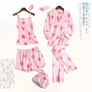 

2019 New Pink Satin Silk Women Turn-down Collar Strawberry Print Sexy Lingerie Sets Sleepwear Nightwear 7 Piece Pajama Sets
