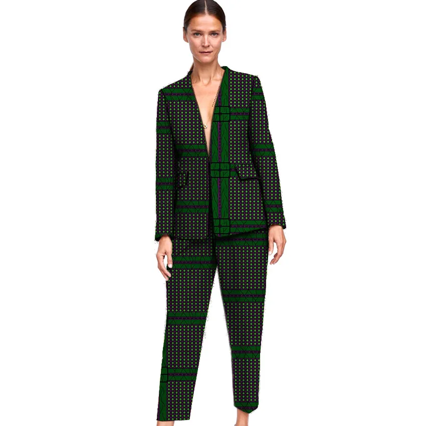 Elegant African print women blazer with trouser set dashiki business style Ankara female pant suits customized for ladies