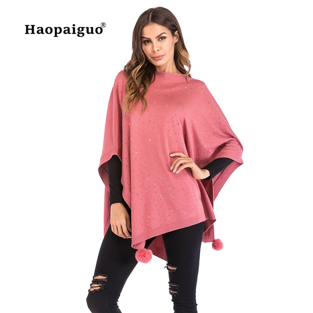 Disc Pink Winter Cape Coat Women Long Sleeve Casual Outerwear Coat 2018 Autumn Batwing Knitting Cotton Cloak Overcoat with Diamonds