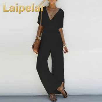 

Laipelar 2018 Women Jumpsuit Romper Short Sleeve V Neck Casual Playsuit Overalls Ladies Wide Leg Loose White Black Pink Playsuit