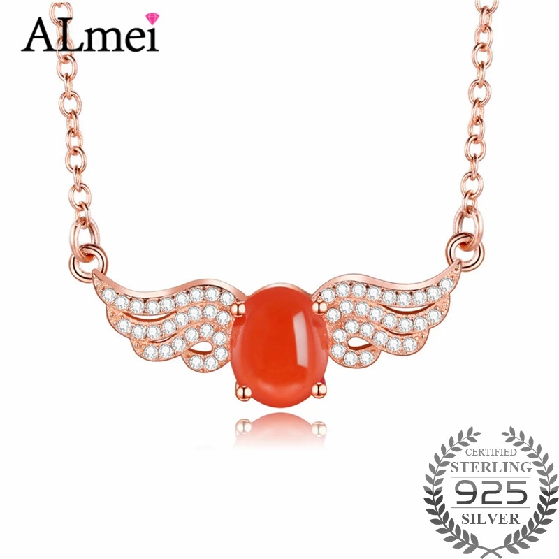 

Almei 2ct Angel Wings Agate Beads Crystal Jewelry Silver 925 Rose Gold Color Pendant Necklace Dropshipping with Box 40% FN042