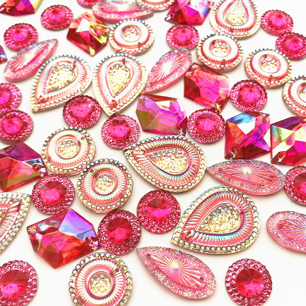 MIxed Shape Resin Pink Red Fuchsia Ab Sew on Flat Back Crystals Rhinestones Strass Stones Sewing