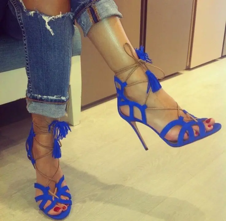 royal blue fringe heels