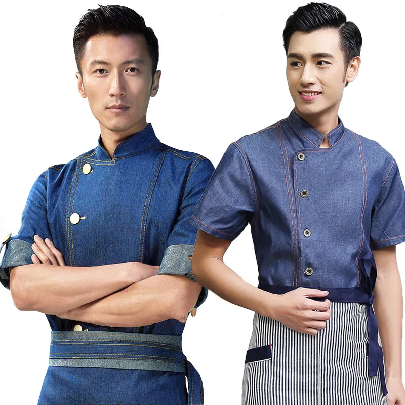 chef uniforms chef uniform unisex restaurant uniform wholesale chef jacket hotel chef s uniform short sleeve breathable workwear Hotel Restaurant Kitchen Uniform Short Sleeve Colorfast and Shrink Resistant Denim Chef Uniform Cook Chef Jacket B-6006