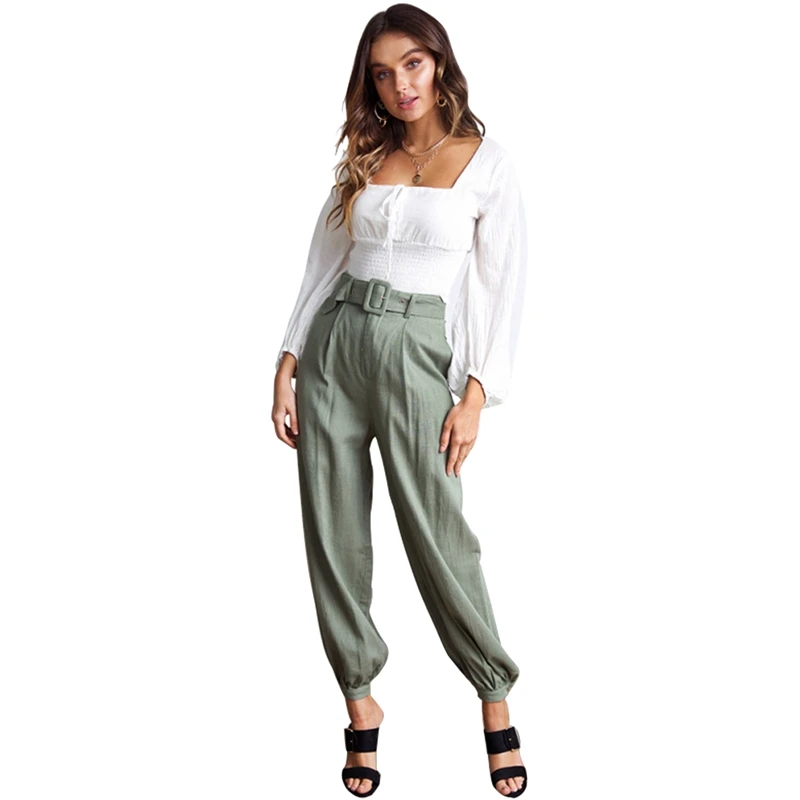 

Women Fashion High Waist Wide Leg Harem Pants Jogger Pants Ladies Casual Baggy Lantern Pants OL Trousers With Belt