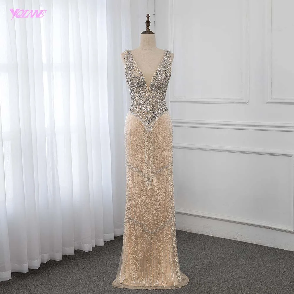 Роскошный глубокий v-образный вырез золотой кристаллы вечернее платье Длинные с бусинами Русалка платье формальное платье YQLNNE
