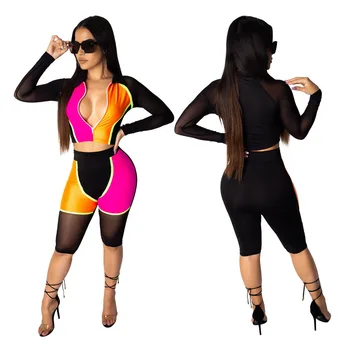 

Cross-border women's wear European and American fashion sport leisure long-sleeved mesh stitching tight two-piece trousers suit
