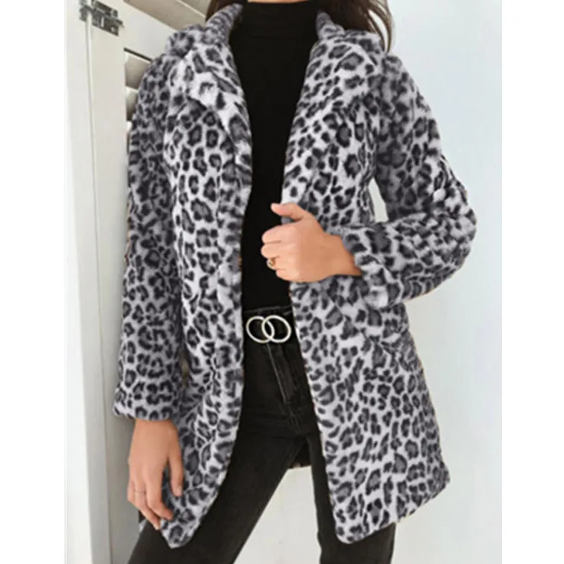 Женское теплое мягкое пальто из искусственного меха с леопардовым принтом, зимнее плюшевое пальто, элегантное пальто с отложным воротником, тонкая верхняя одежда, Mujer шуба F3