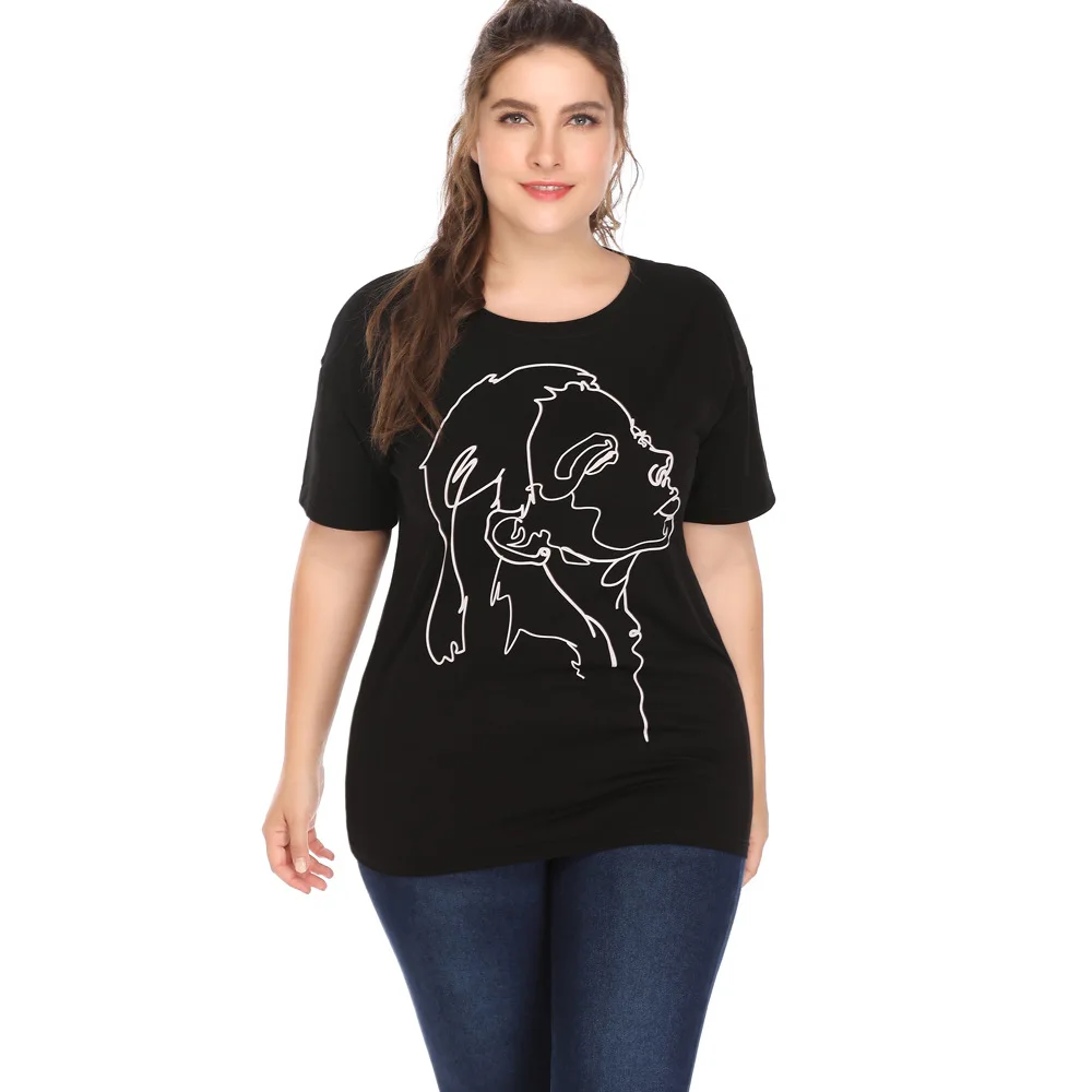

Casual Black T Shirt Woman XL-5XL Plus Size Elegant Lady Portrait Summer Short Sleeve O Neck T-Shirt Femme Tops HY2139