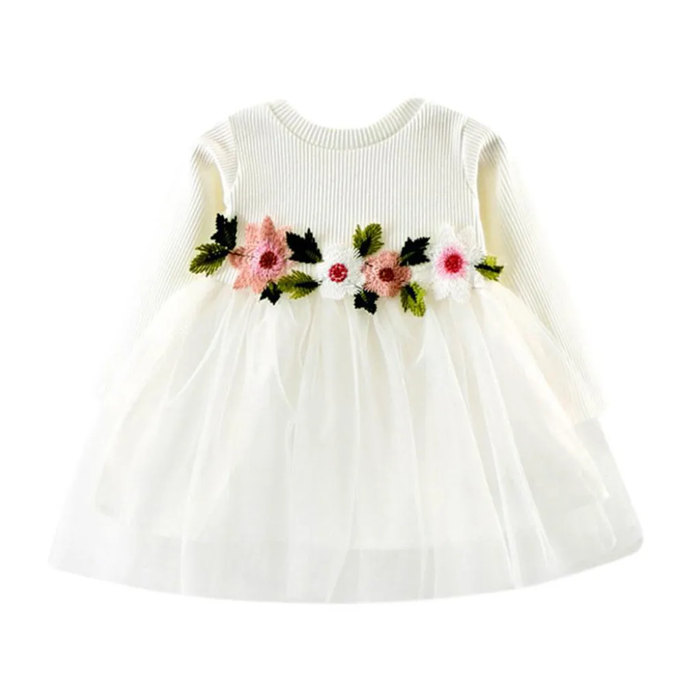 Одежда для малышей для девочек с цветочным узором в стиле пэчворк; осеннее платье принцессы детская однотонная одежда с длинными рукавами для маленьких девочек, кружевное милое платье с пачкой модная одежда для девочек; платье