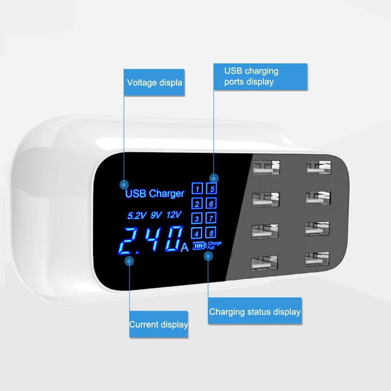 Multi USB Charger 8 Port Desktop Charging Station LED Travel Wall Charger for apple iPhone 8/7/6/6S/Plus iPad Smart Phone Tablet