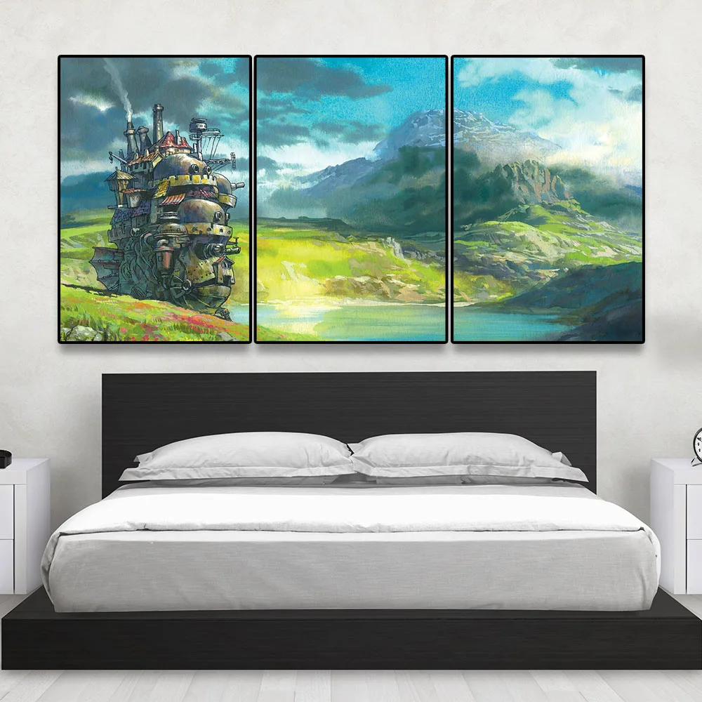 3Pcs No Frame Hayao Miyazaki Howl's Moving Castle Anime Movie Art Silk Posters Prints Home Decor Wall Pictures For Living Room | Дом и сад