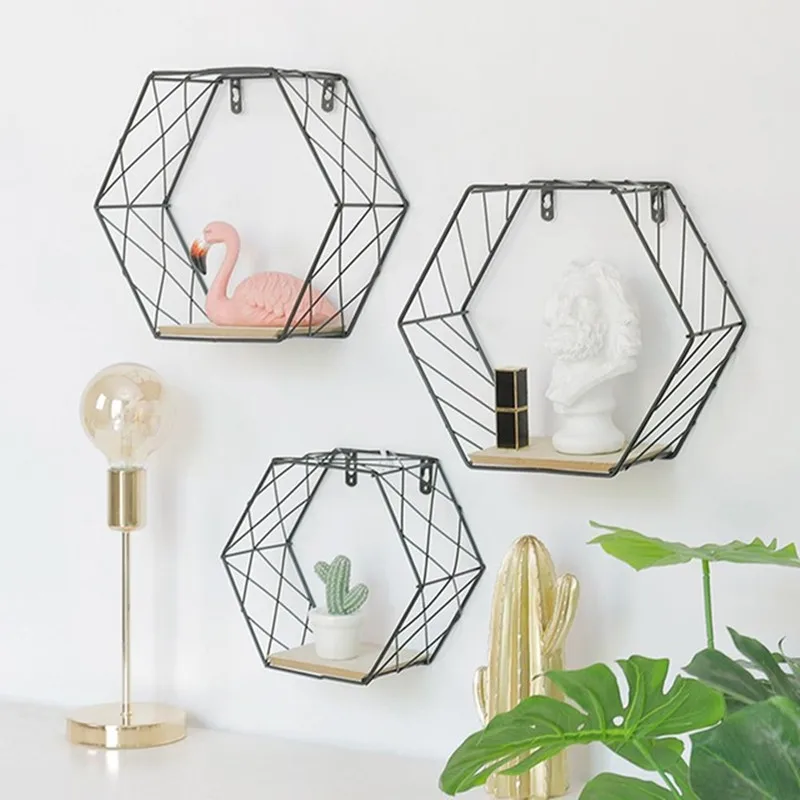 

Nordic Wood Iron Art Hexagonal Grid Wall Shelf Combination Wall Hanging Storage Rack Display Shelf for Living Room Bedroom Home