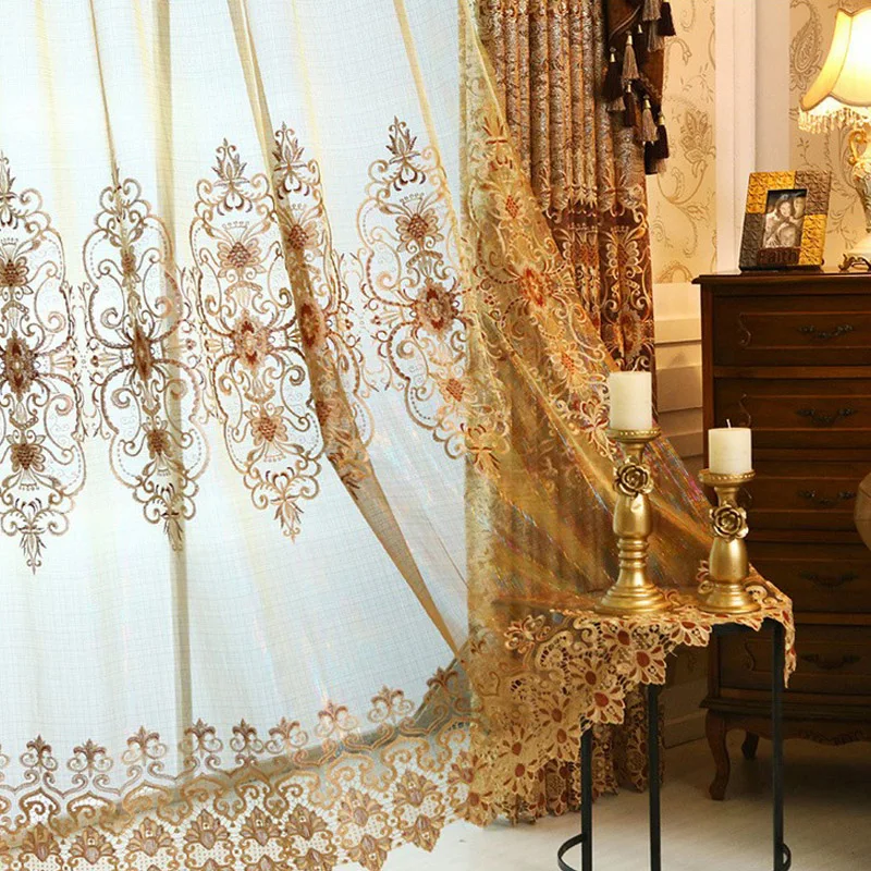 Cortinas bordadas de oro de lujo para sala de estar cortinas de Valance de estilo europeo tratamiento de ventana decorativo L-37