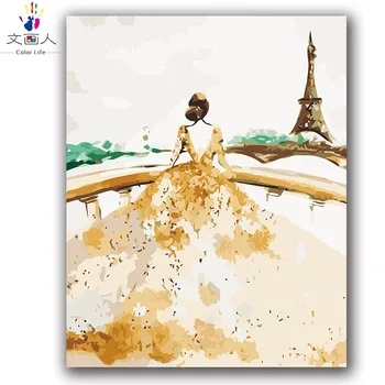 

Beautiful girl Paris Tower oil painting by numbers with paint and brush kits on canvas drawing coloring by numbers hand-pained