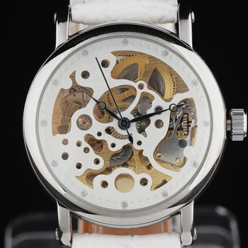 

SHENHUA Brand Women Watches Skeleton Mechanical Watch White Leather Band Ladies Simple Fashion Casual Clock Relogio Femininos