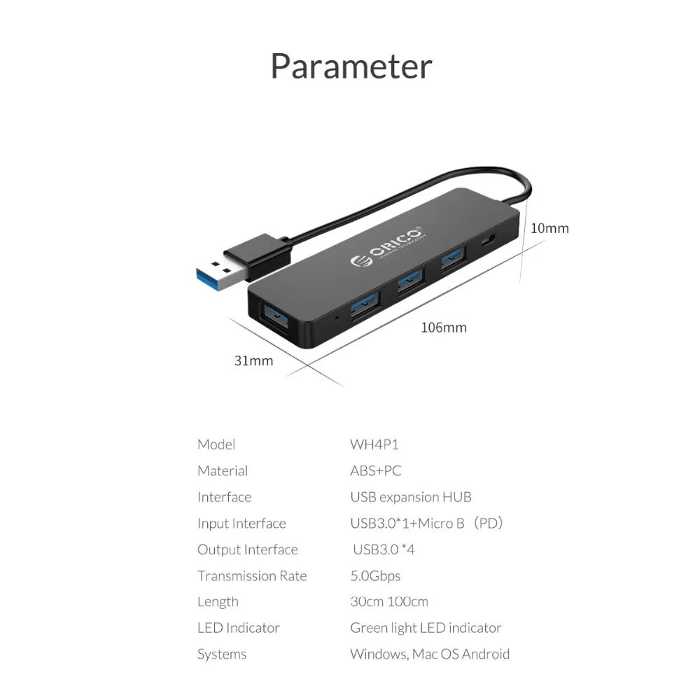 ORICO Mini USB 3,0 концентратор 4 порта питание OTG с микро USB интерфейс питания для MacBook ноутбука Настольный 5 Гбит/с OTG usb-хаб