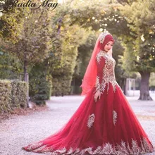 Красное мусульманское свадебное платье с длинными рукавами из Саудовской Аравии бальное платье с высоким горлом Золотая Кружевная аппликация для принцессы Дубай Свадебные платья