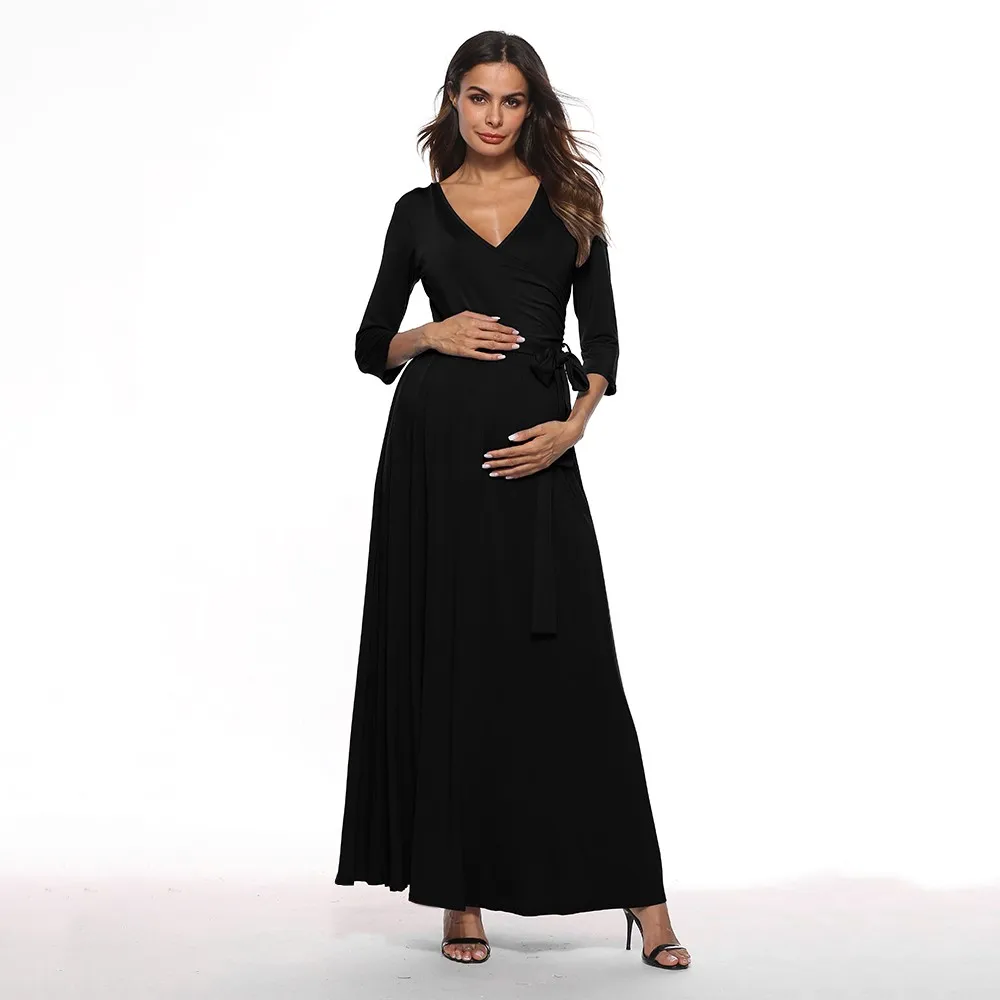 

Maternity Dress Summer Fashion Women's Pregnancy V Collar High Waist Party Dress Three Quarter Waist Belt Long Dress