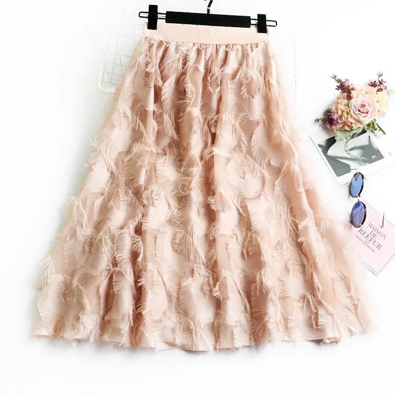 Spring Women Fashion Tassel Fringed Feathers Skirt Empire Elastic Waist