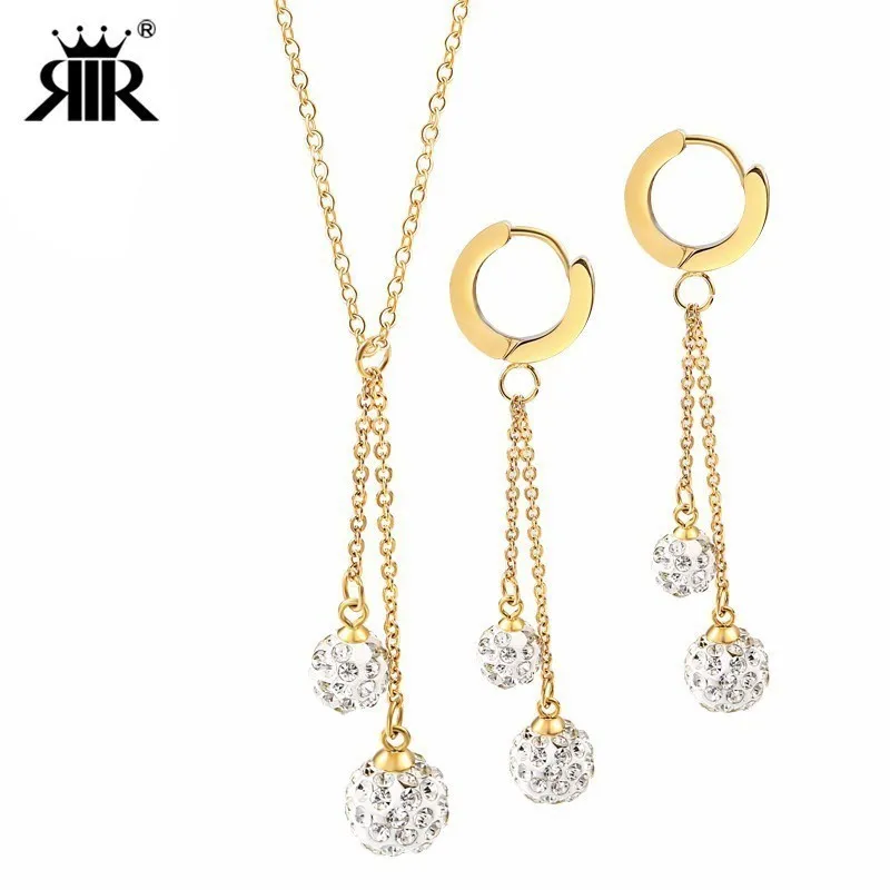 

RIR Crystal Ball Bridal Jewelry Sets Dubai Gold Color Fashion Jewelry Necklace Earrings Set Wedding