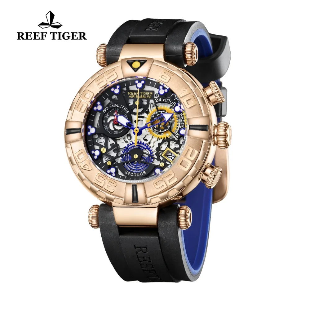  Reef Tiger/RT 2019 Luxury Brand Fashion Creative Watches Men Skeleton Watches Rubber Strap Rose Gol