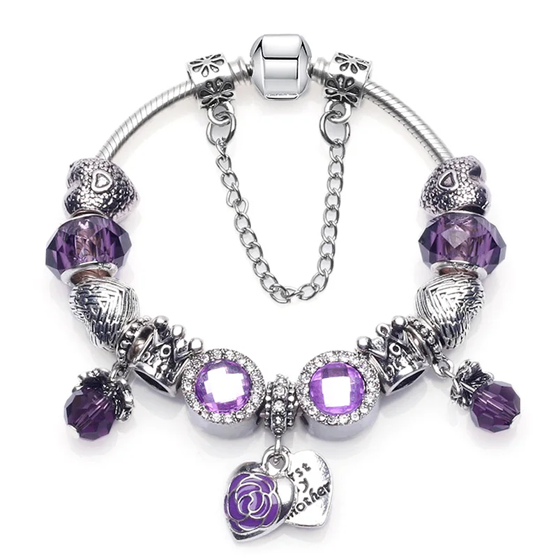Дизайн белый цветок бисер для подвески брендовый браслет с кристаллами для женщин Посеребренная Ювелирная сковородка "сделай сам" Pulseras Mujer - Окраска металла: Purple