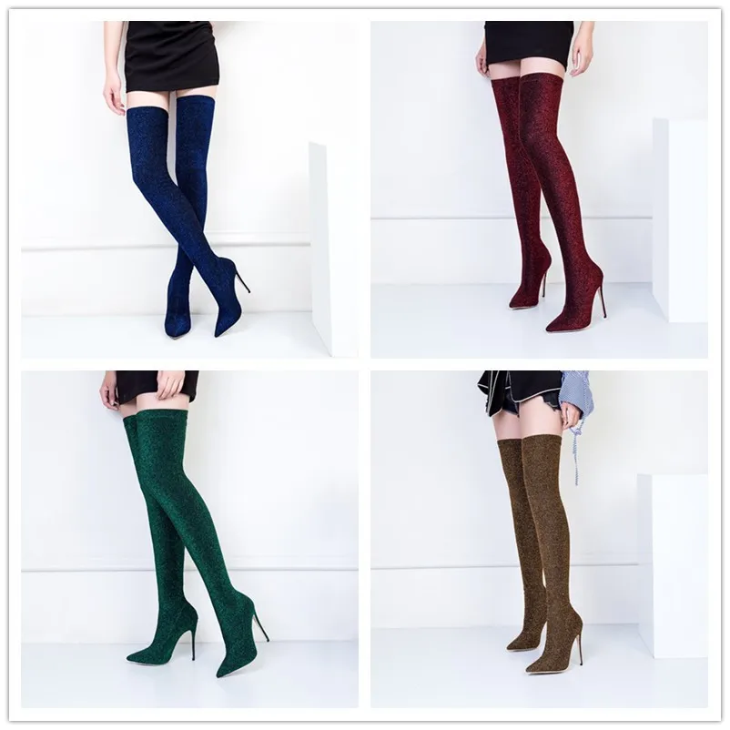

2018 European and American new style model fashion show over the knee boots pointed toe thin heels long boots slim women's shoes