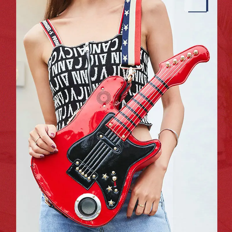 

Creative Guitar Shaped Handbag with Music Player Speaker Fun Purse Exclusive Shoulder Bag Unique Crossbody Messenger Bag