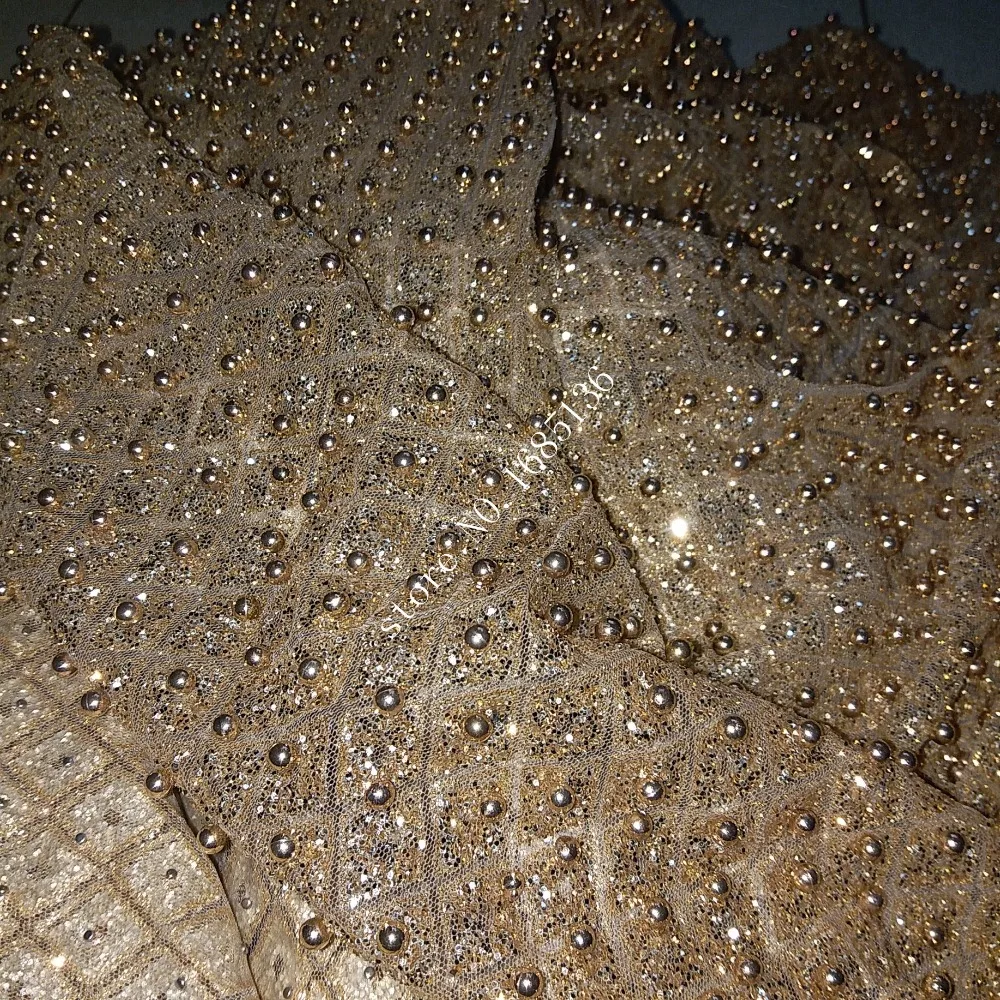 

Extravagant golden wedding fabrics hot African products glittering gold sequins and pearl high quality wedding/evening dress