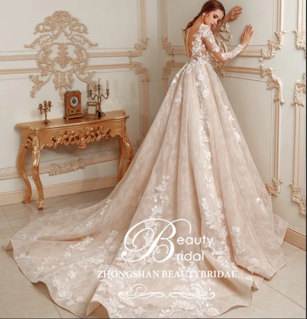 

Wedding Dress 2019 100% Real Photos Luxury Court Train Lace Appliques tulle Regular Sleeve and flowers lace with pearls XF16120