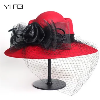 

Floppy Hat Fedoras Formal Occasion Dance Party Summer Beach Hat Women Wool Floral Veil Netting Feather Wide Brim Derby Hat