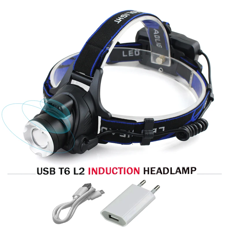 Светодиодный головной фонарь с usb датчиком налобный cree xm l t6 l2 водонепроницаемый