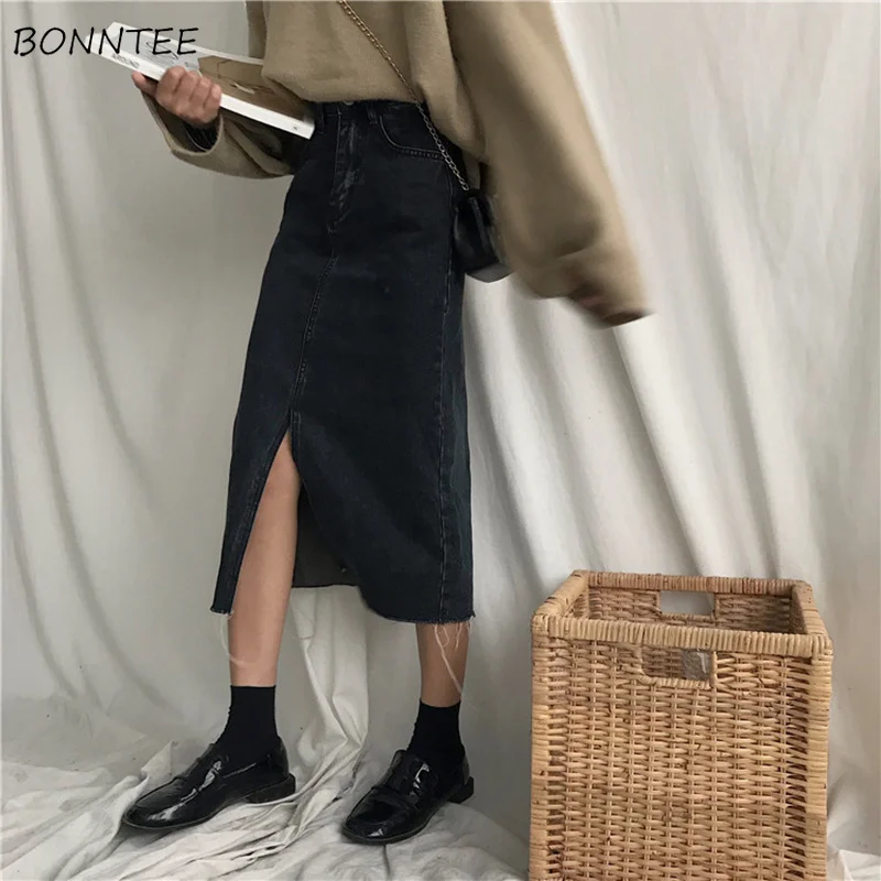 

Skirts Women Trendy Temperament All-match Split Zipper Denim Womens Mid-Calf Soft Solid Pockets Stylish Ladies A-Line Daily Slim
