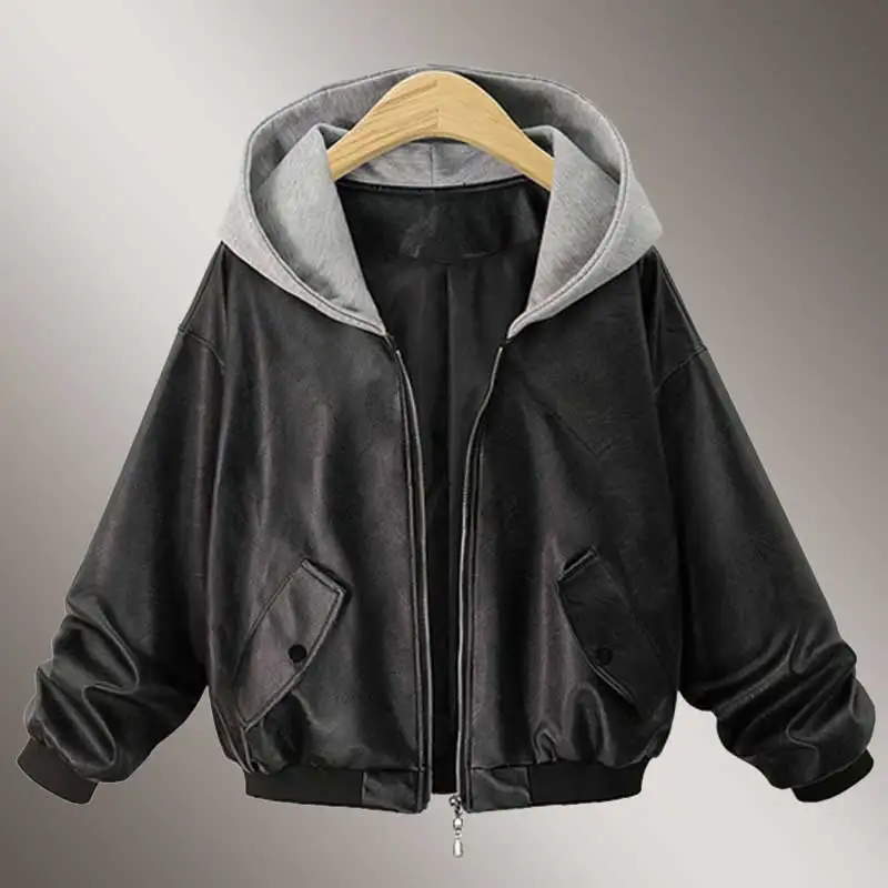 

Jaqueta feminina 2018 spring women wear Plus size PU Leather Jacket Parkas NEW Loose cap autumn leather jacket Female Coat WZ779