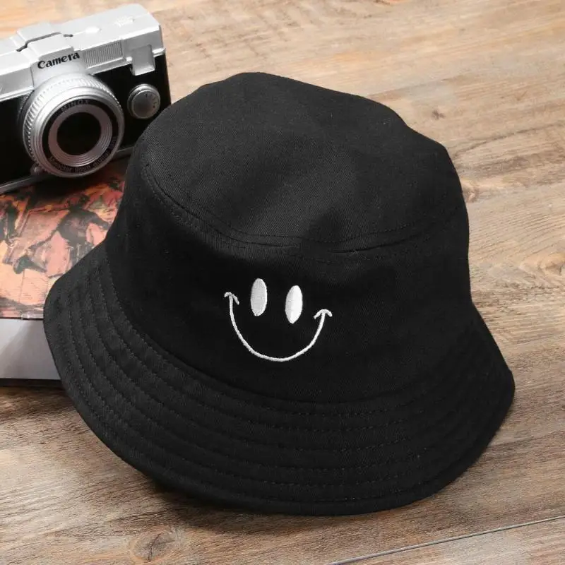 

2018 Smile Face Outdoor Bucket Hat Unisex Cotton Embroidery Fishing Sunscreen Bucket Hat Casual Men Women Fisherman Hat