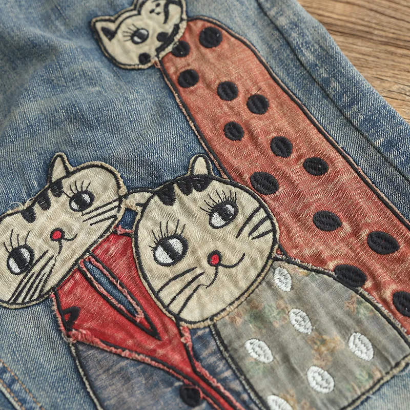Plus Size Ladies Loose Embroidered Cute Cat Jeans Woman 2019 Summer Female Boyfriend Jeans for Women Clothes Denim Pants Jeans
