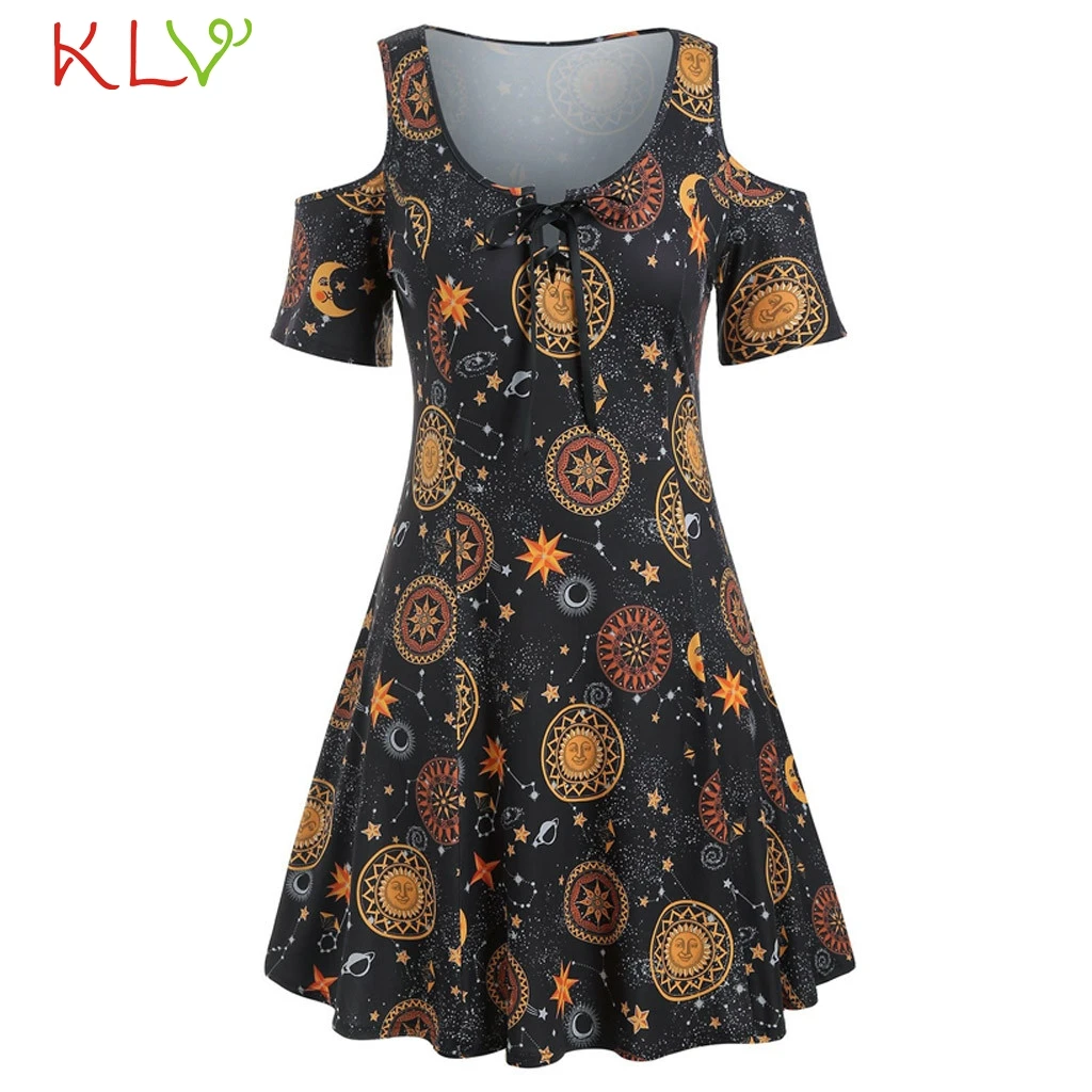 

Dress Women Elegant Star Moon Print Cold Shoulder Summer Dress Vintage Party Night Dress 2019 Plus Size Vestidos Robe Femme 19Je
