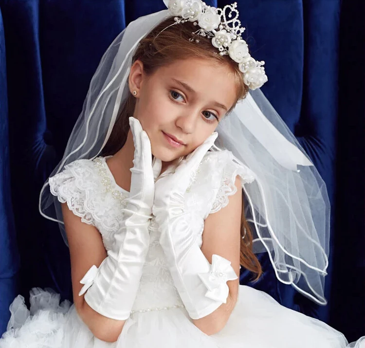 Sweetly bridal flower girl lace veil pearl flower hairband children