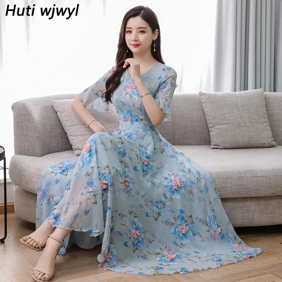 

2019 Vintage Floral Chiffon Bodycon Beach Midi Dress Elegant Women Party Vestidos Summer 3XL Plus Size Print Boho Maxi Sundress