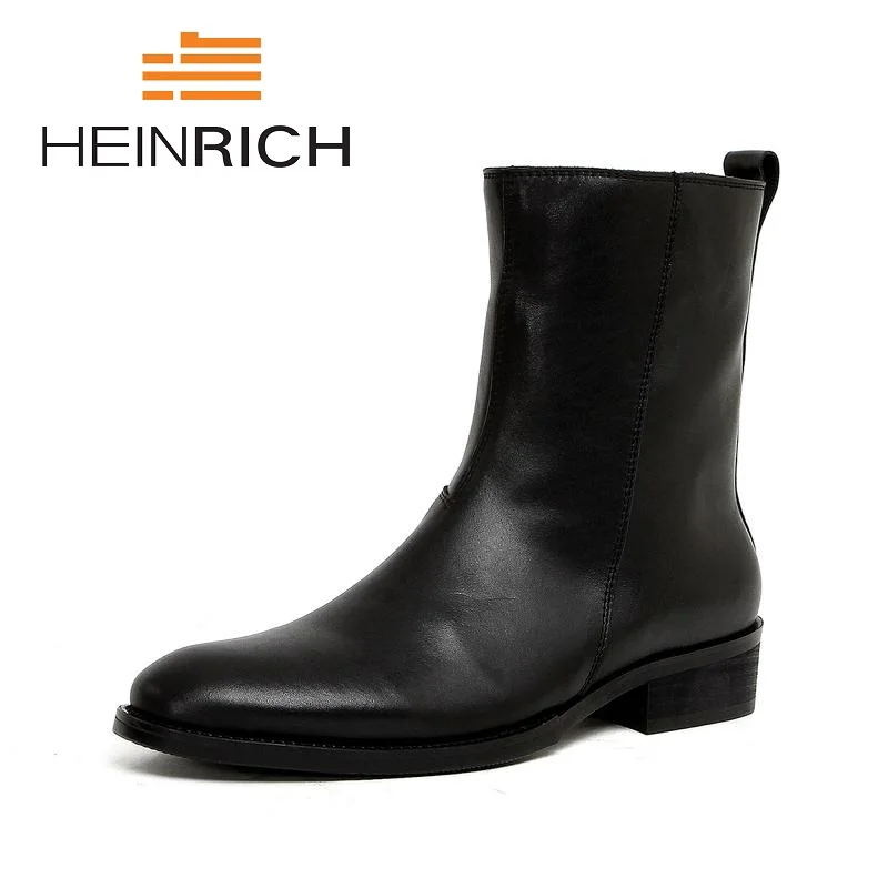 

HEINRICH Men Genuine Leather Chelsea Boots Black Punk Style Mens Shoes High Heels Autumn Winter Keep Warm Men Boots Chaussures