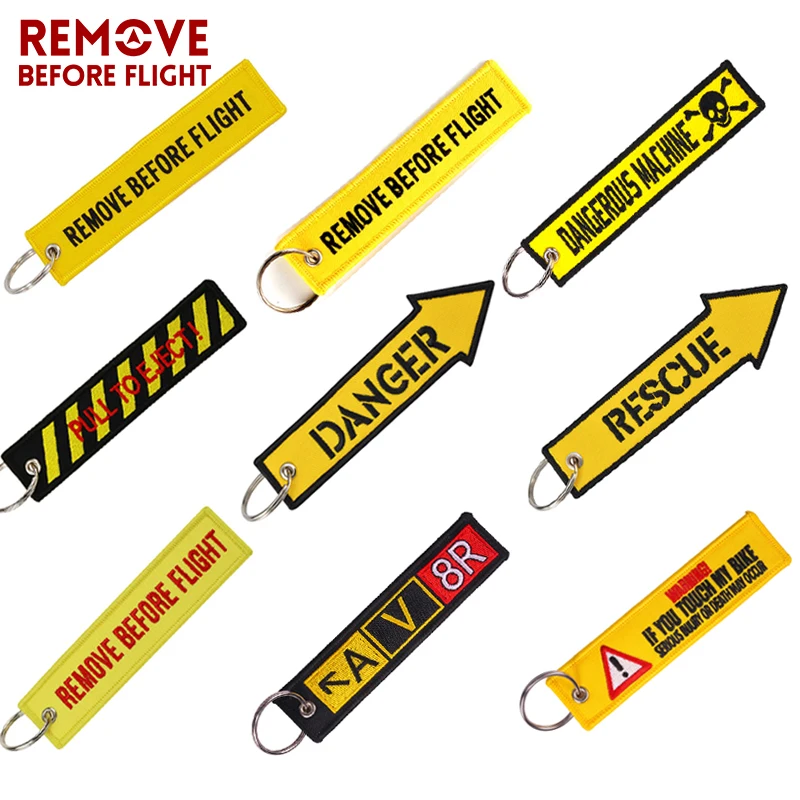 

Wholesale Remove Before Flight Keychain Key Ring Embroidery auto Key Chains for Motorcycle ATV Car Key Tag Yelloew Danger Key